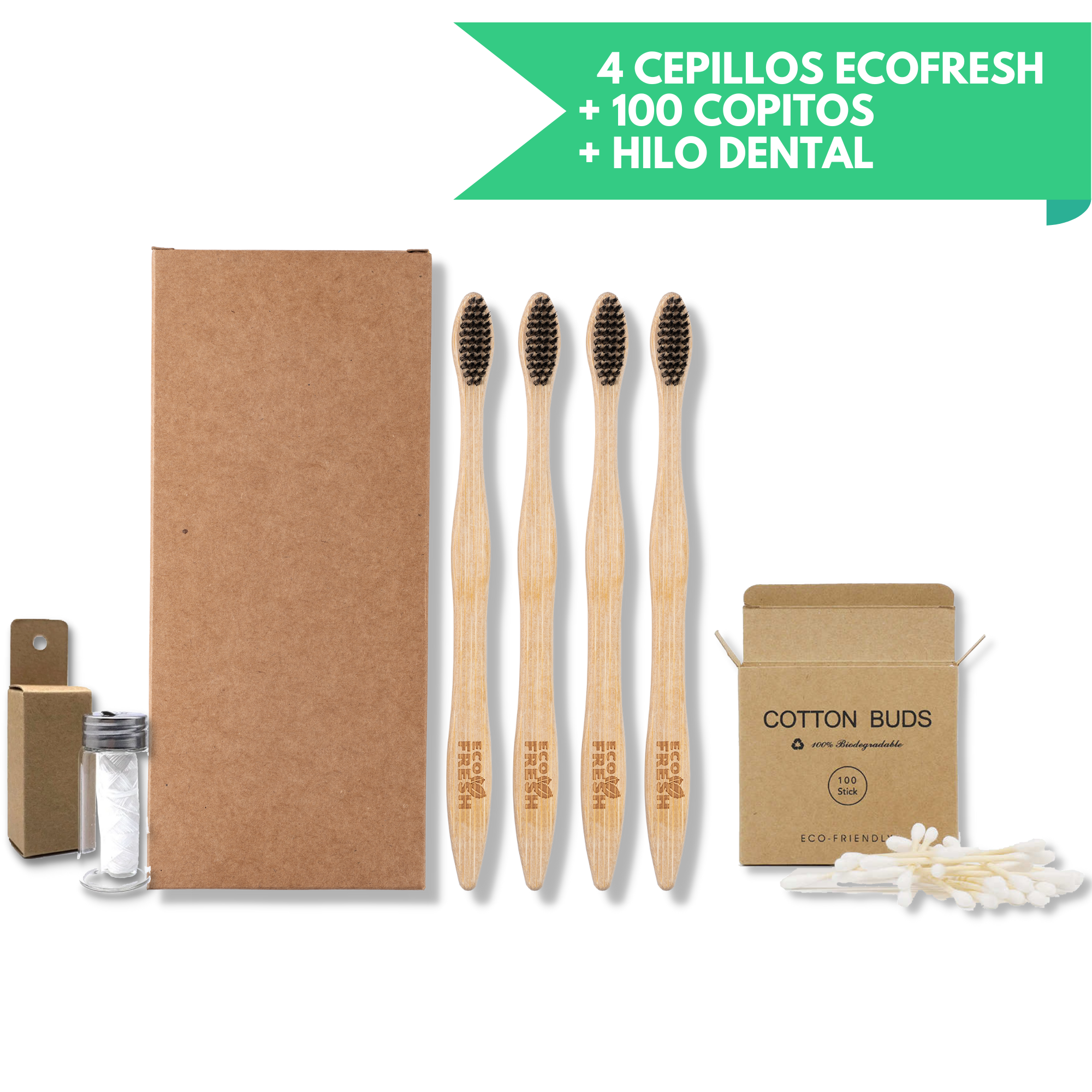 Kit Completo: 4 Cepillos de Bambú + 100 Copitos + Hilo Dental